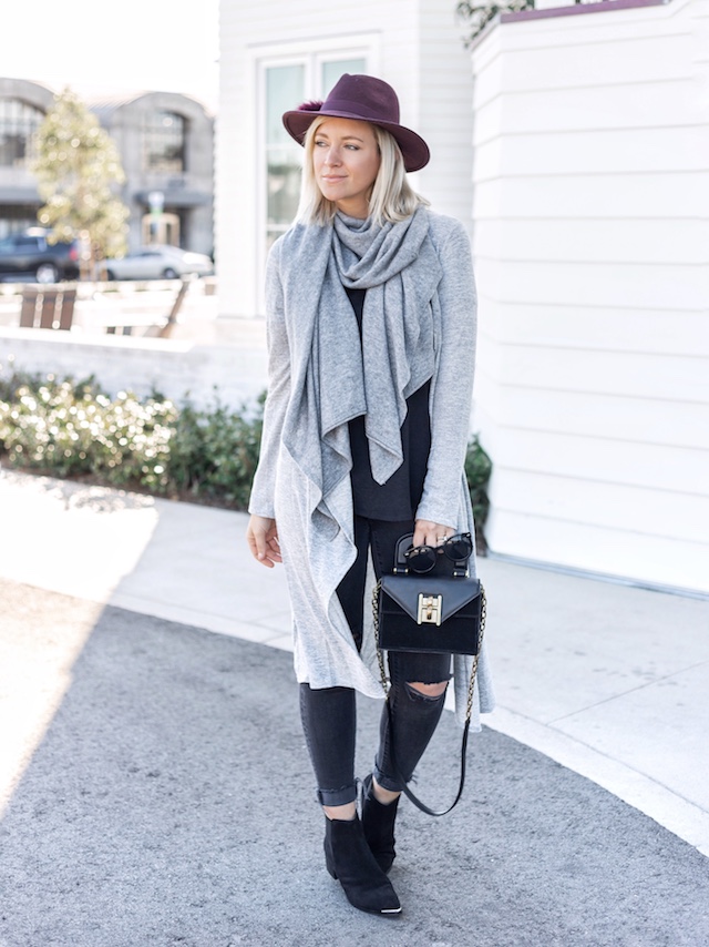 Madewell denim, Morning Lavender cardigan, Lilly Pulitzer scarf, Marc Fisher booties | My Style Diaries blogger Nikki Prendergast