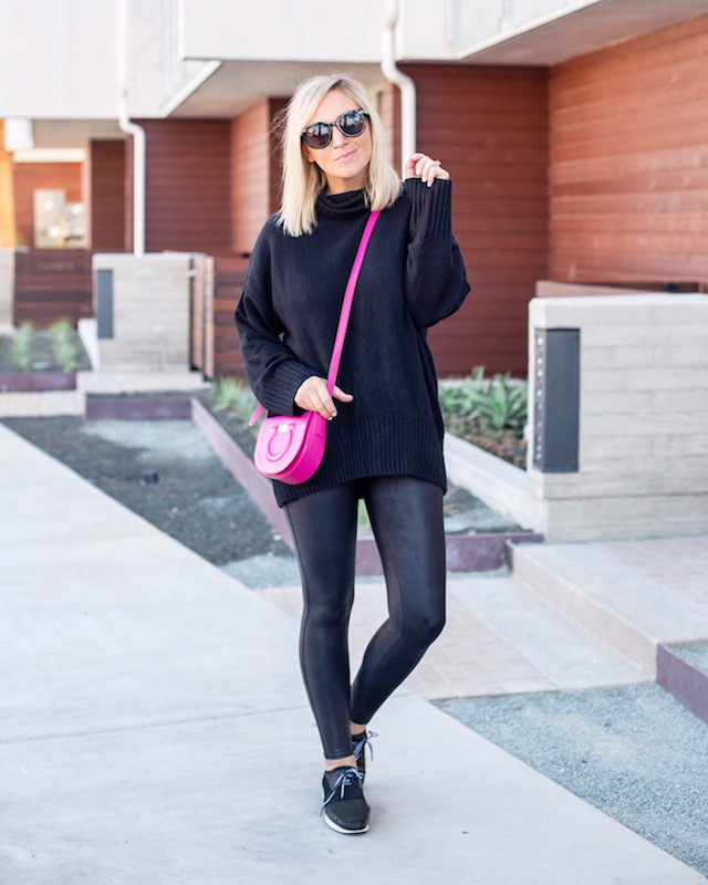 Scoop sweater, Spanx leggings, Ferragamo handbag, Steve Madden sneakers | My Style Diaries blogger Nikki Prendergast