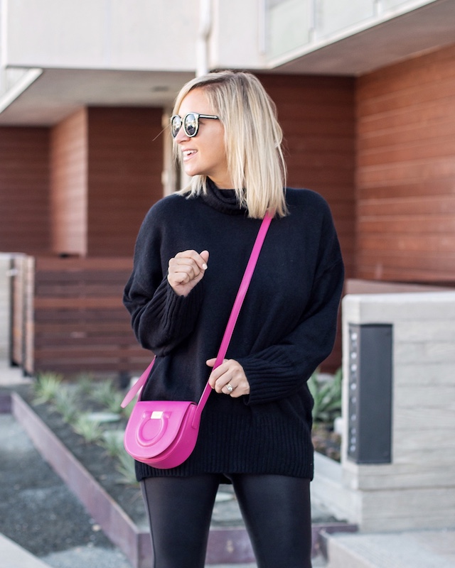 Scoop sweater, Spanx leggings, Ferragamo handbag, Steve Madden sneakers | My Style Diaries blogger Nikki Prendergast
