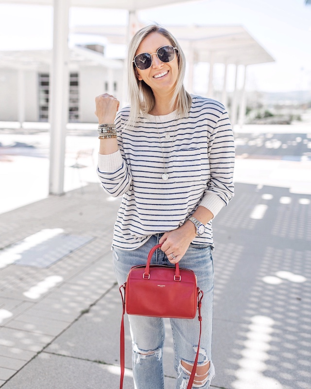 Daze denim, Target sweater, Saint Laurent handbag, Steve Madden sneakers | My Style Diaries blogger Nikki Prendergast