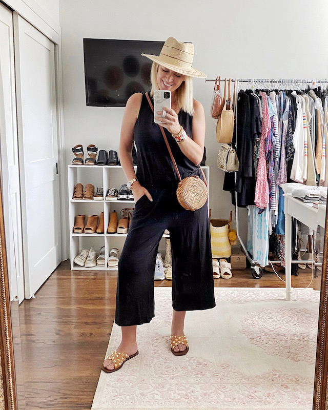 Casual summer style: Amazon jumpsuit, Gigi Pip hat, Steve Madden sandals | My Style Diaries blogger Nikki Prendergast
