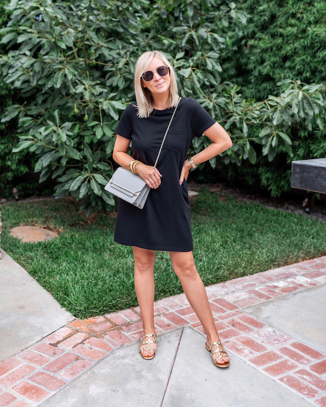 Casual summer style: Walmart t-shirt dress, Jessica Simpson sandals, Strathberry handbag | My Style Diaries blogger Nikki Prendergast
