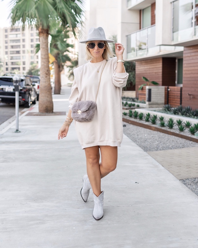 H&M sweatshirt dress, Isabel Marant booties, faux fur crossbody | My Style Diaries blogger Nikki Prendergast