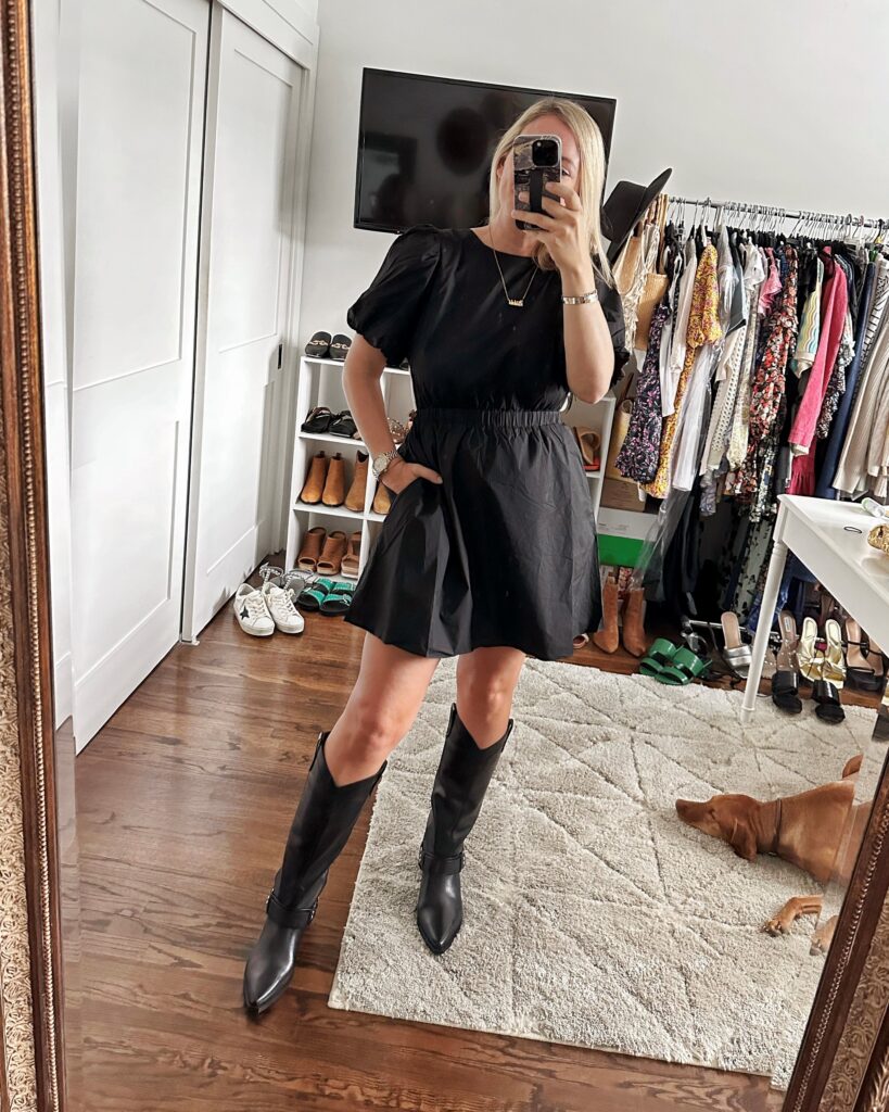 English Factory black dress, Marc Fisher boots | My Style Diaries blogger Nikki Prendergast